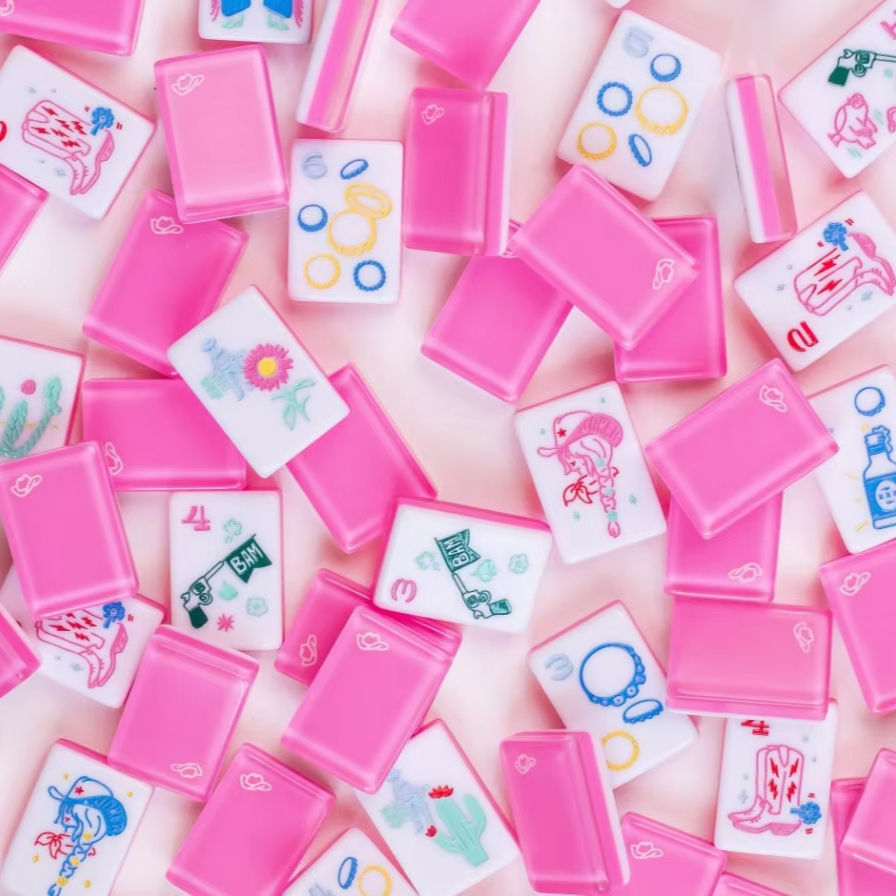 Miss Cowgirl Acrylic American Mahjong Tiles – pink tiles with boot motifs