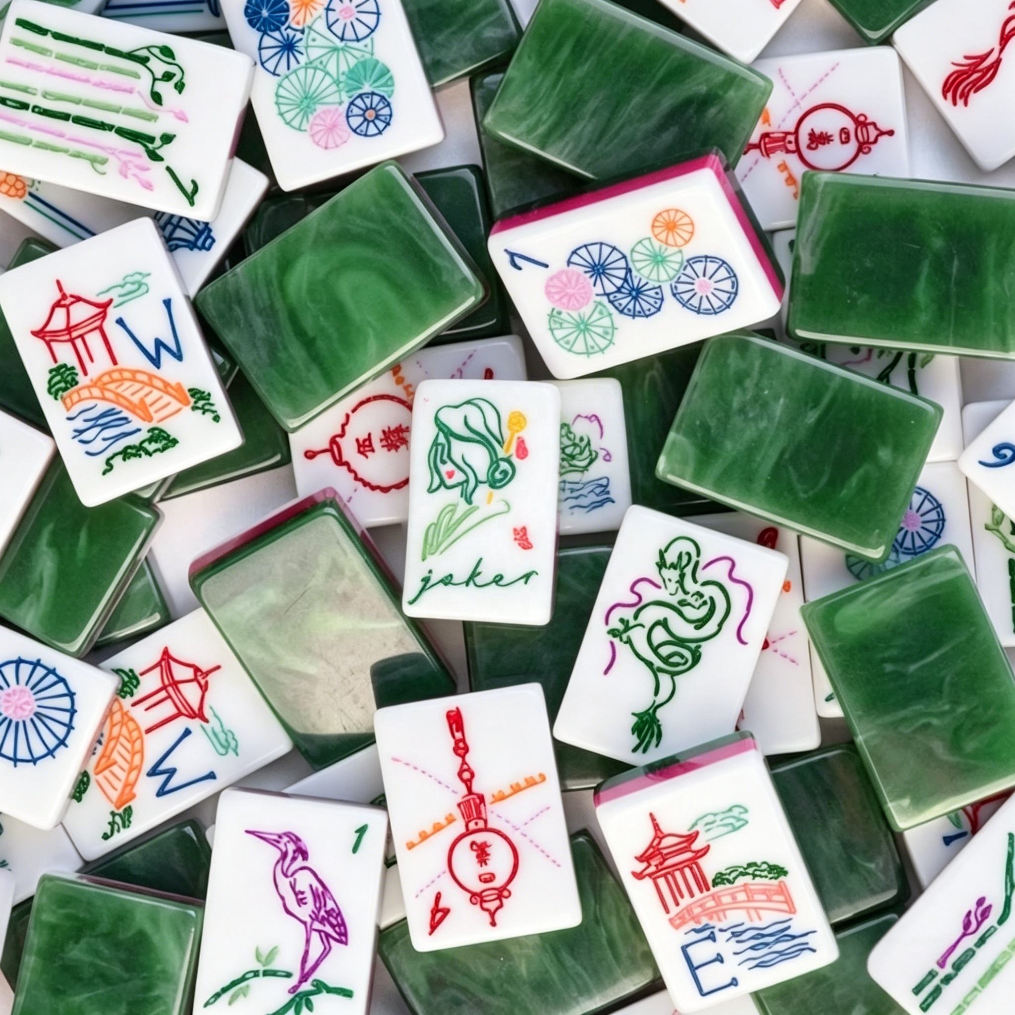 Dark Green Jade Acrylic American Mahjong Tiles – three-layer jade finish, engraved and painted