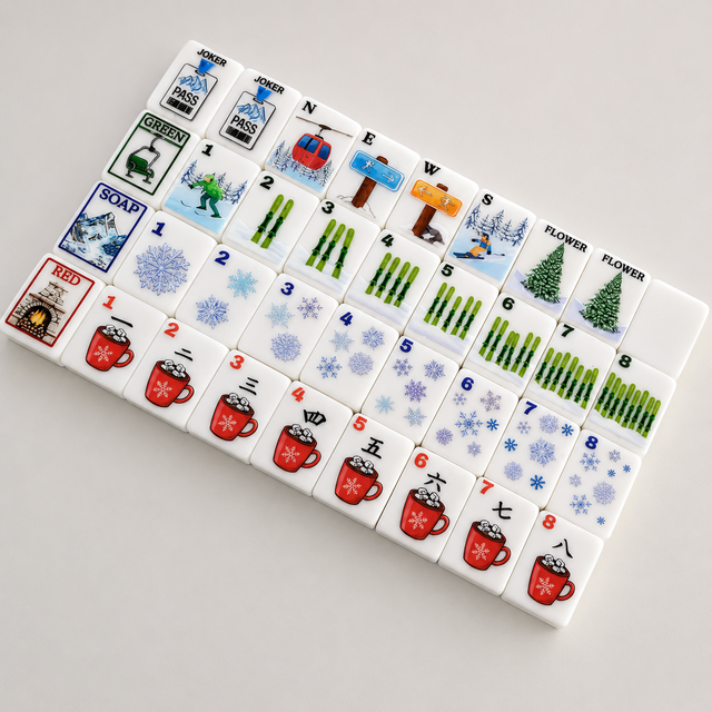 Winter ski themed American mahjong set representing TileParlor melamine customization